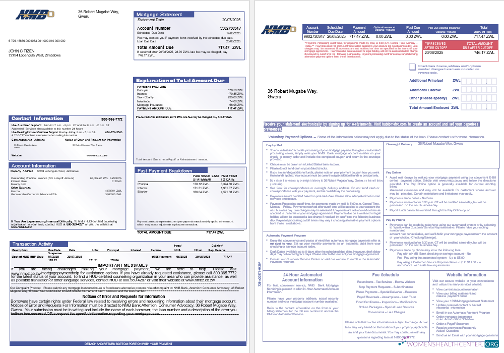 Download Zimbabwe NMB Bank mortgage statement in Word and PDF formats, 3 pages 1 2 Photoshop template